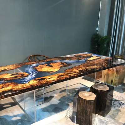 Walnut High End Special Design dinner clear water blue River Epoxy Resin Table